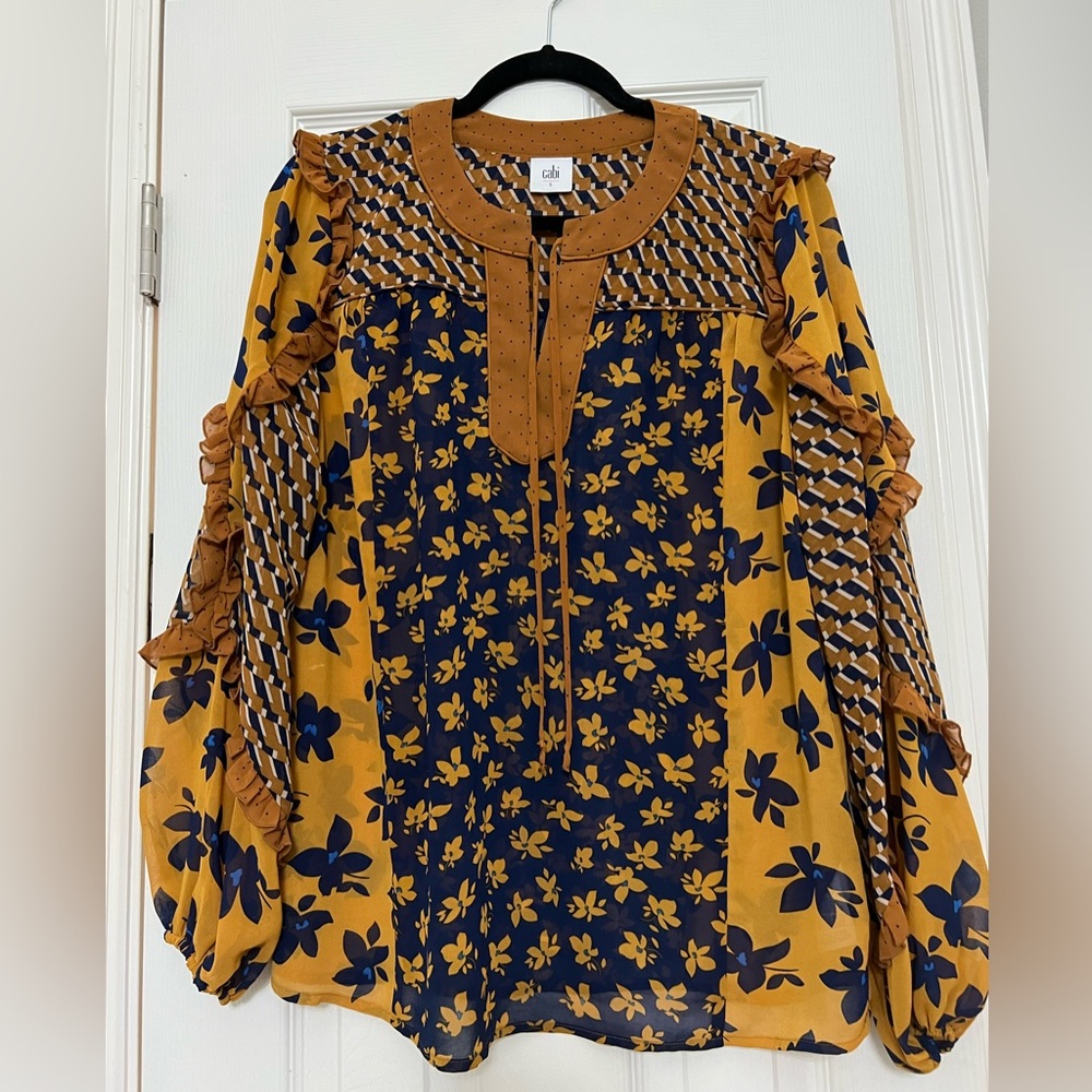 CAbi Mustard and Navy Floral Mixed-Print Blouse